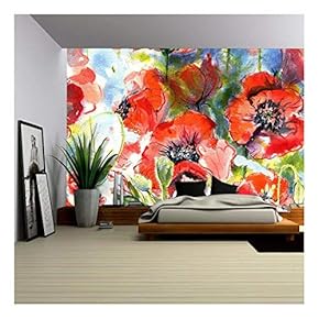 Seamless Pattern with Watercolor Hand Drawn Poppies - Removable Wall Mural | Self-Adhesive Large Wallpaper - 66x96 inches