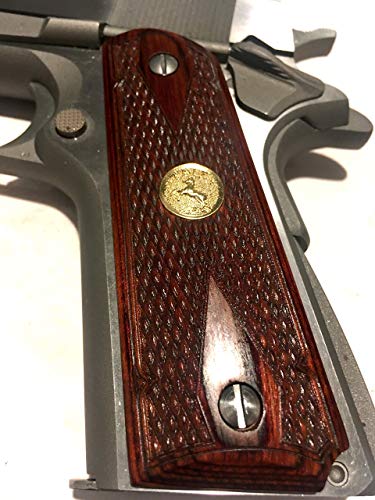 GRIP KING 1911 GRIPS SALE $39.73.FITS COLT FULL SIZE, EXOTIC BURLED ROSEWOOD GOLD "RAMPANT HORSE " MEDALLIONS FULL BORDERS FANCY EDGE. DOUBLE DIAMONDS,CHECKERED COLT CLASSIC. MADE IN U.S.A. - Thumbnail 2