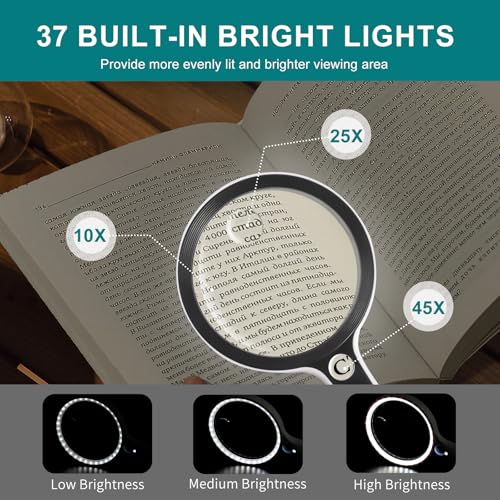 Large Magnifying Glass with 37 LED Light, 10X 20X 45X Reading Magnifier Handheld Magnifier with 3 Light Modes, Storage Bag, Cleaning Cloth for Seniors, for Reading Coins, Inspection, Hobbies