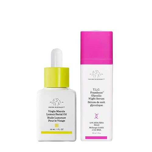 Drunk Elephant Full Sized Night Bright Duo - Nighttime Skin care Routine with T L C Framboos Glycolic Night Serum and Virgin Marula Luxury Facial Oil - 30 Milliliters Each in Dubai - UAE Whizz Night Creams