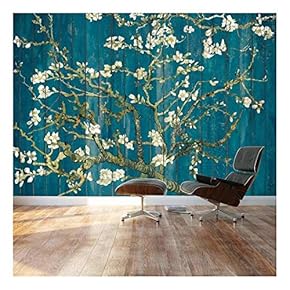 "Almond Blossom by Vincent Van Gogh - Floral Painting on a Vibrant Teal Wood Paneled Background - Wall Mural, Removable Sticker, Home Decor - 66x96 inches