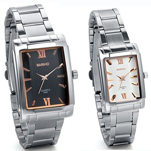 JewelryWe Fashion 2pcs Lovers Couple Steel Casual Square Valentine Watches Analog Quartz Men Ladies Wristwatch