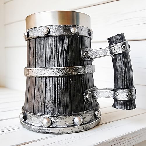 Medieval Viking Wooden Beer Stein, 304 with Stainless Steel Liner,Nordic Viking Runes Tankard Coffee Cup Home Decor, Capacity 20 OZ (Black) Men Father’s Day Gift | Beer Mug | Dubai Souvenir