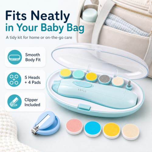Gnker Baby Nail Trimmer, Electric Nail File & Baby Nail Cutter | 12-in-1 kit, 4 replacement pads, for newborn toddler fingernails & toenails, blue