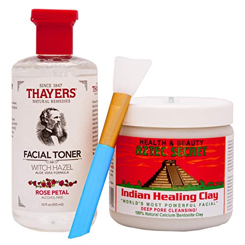 Thayers Witch Hazel Aztec Healing Clay - Thayers Rose Petal Witch Hazel Toner 12 Oz | Aztec Secret Healing Clay Mask 1 Lb | Silicone Face Mask Brush Bundle