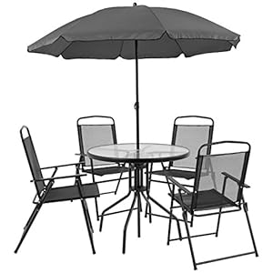Flash Furniture Nantucket 6 Piece Patio Garden Table Set – Umbrella Table – Set of 4 Black Folding Chairs
