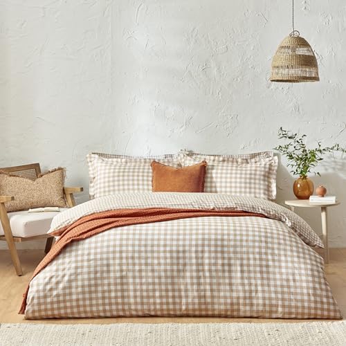 Yard Barton Quadri Vichy Set Copripiumino – 100% Cotone Reversibile Federe Oxford Morbido E Traspirante Biancheria Da Letto Premium (Biscotto – Super King – 260x220cm)
