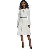Calvin Klein Womens Long Sleeve Keyhole Pleat Neck Belted Crepe A-line Midi Dress