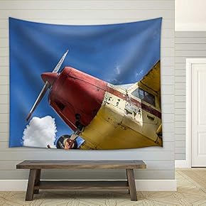Vintage Airplane seen from Below, with Blue Sky in The Background - Fabric Wall Tapestry Home Decor - 51x60 inches