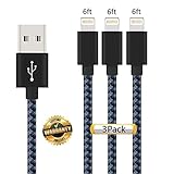 iPhone Cable 3Pack 6FT, GUIGUI Extra Long Nylon Braided Charging Cord Lightning Cable to USB Charger for iPhone 7, 7 Plus, 6S, 6, SE, 5S, 5, iPad, iPod Nano 7 - Black Blue