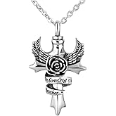 LuxglitterLin in Loving Memory Dad Grandma Mom Cross Cremation Urn Necklace for Ashes Angel Wings Memorial Keepsake Pendant Locket Jewelry