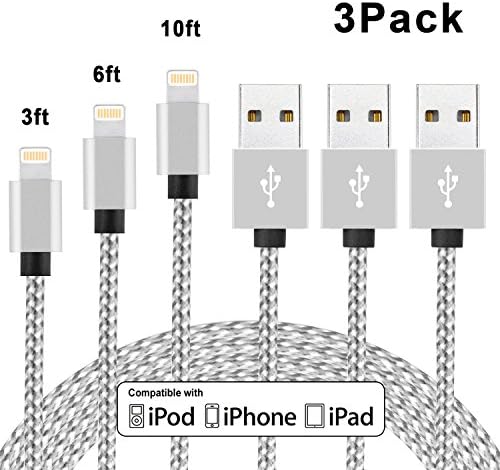 Fengyun 3Pack 3FT 6FT 10FT Nylon Braided Charging Cable for Apple iPhone5/5s/5c/se/6/6Plus/6s/6s Plus/7/7 Plus,iPad Pro,iPad Air, iPad Mini (Silver)