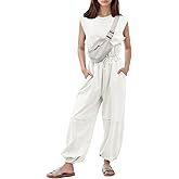 Flygo Womens Casual Jumpsuit Crewneck Cap Sleeve Long Wide Leg Pants One Piece Outfits Drawstring Romper with Pockets