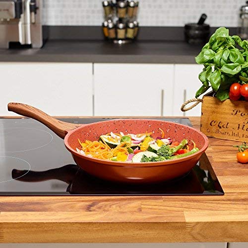 Copper Non Stick Frying Pan with Premium High Performance Stone Coating Bakelite Wood Effect Handle & FREE Stand Alone Lid 28cm | Perfect Healthy Dry Frying