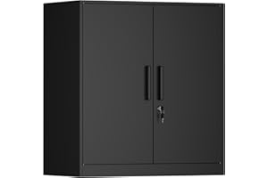 IRONFFICE Metal Wall Cabinet,Garage Wall Cabinet with Handle,Lockable Storage Cabinets Wall Mounted with 2 Doors,Locking Cabinet with Shelves for Basement,Living Home,Black