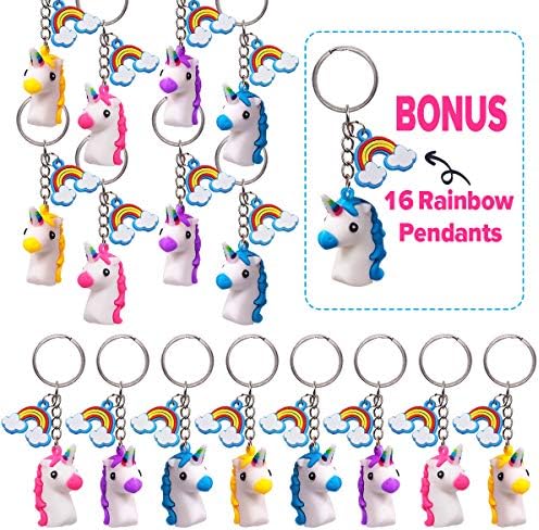 Pawliss 16pcs 3D Rubber Unicorn Keychain with 16 Bonus Rainbow Pendant, Novelty Key Ring, Birthday Party Favors Kids Adults, Carnival Prizes Classroom Gifts Toys