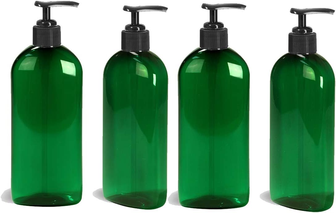 EZPRO USA PET Empty Plastic Dispenser Bottles with Black Pump Hand Soap Lotion Shampoo Conditioner Oils 8 oz 250 ml, Green, Pack of 4