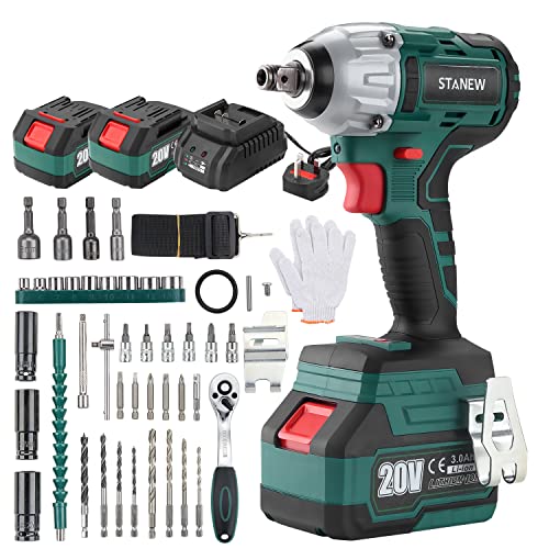 STANEW 320Nm Brushless Cordless Impact Wrench 20 V, Electric Impact Nutrunner with Two 3.0Ah Batteries, Adjustable Torque, Box with 49 Pieces Accessories