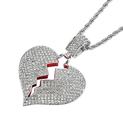 PAMTIER Hombres Chapado en plata Iced Out Full Diamond Broken Heart Colgante Collar Cadena Encanto Hip Hop Joyería