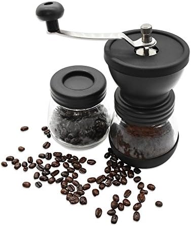 Manual Coffee Mill Grinder with Ceramic Burrs , Two Clear Glass Jars, Stainless Steel Handle and Silicon Cover
