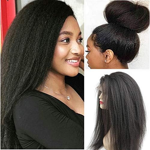 Glueless 360 Lace Frontal Wigs Kinky Straight Human Hair Wig with Baby Hair Pre Plucked Italian Yaki Lace Front Wigs For Women 150% Density Peruvian Remy Hair Natural Hairline (12inch, 360 KS WIG)