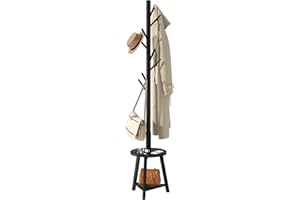 BMOSU Coat Rack freestanding Stand with Shelf Bamboo Wooden Coat Tree Easy Assembly 8 Hooks Standing Jackets Hanger Hallway Office Floor Coat Stand Black