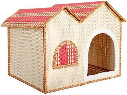 IZERUO Natural Bamboo Dog House Cave Shelter Retreat,Portable Folding Kennel for Cat,Kitty,or Puppy in Summer Use (Pink)