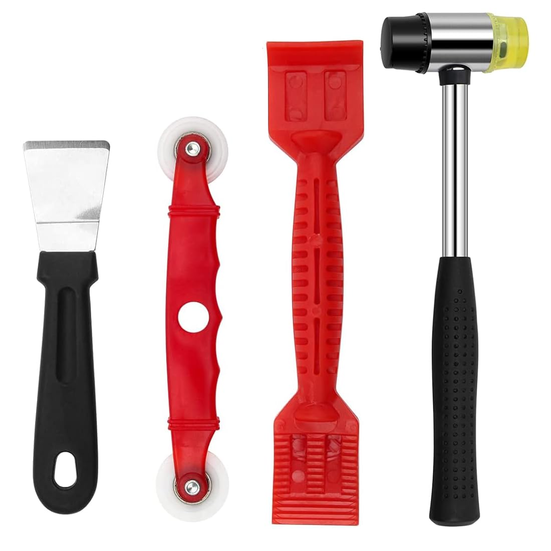 Window Glazing Tool Kit, 4PCS Heavy-Duty Glazing Tools, Red Window Roller, Plastic Shovel for Windows, Doors Hand Tool Sets,Dual Head Plastic and Rubber Hammer Metal Mallet
