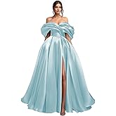 Keabyica Women's Satin Puffy Off Shoulder Prom Dresses 2026 Long High Slit Formal Wedding Dress Ball Gown SP007