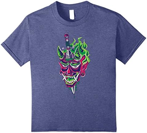 Kids Traditional Japanese Demon Face with Dagger Tattoo TShirt 12 Heather Blue