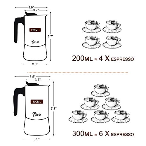 Espressokocher Induktion geeignet Edelstahl Mokkakanne 300ml/ 6 Tassen Espresso Maker Set mit Ersatz-Dichtung Untersetzer Löffel Bürste und Tasche – Bild 8