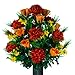 Sympathy Silks Artificial Cemetery Flowers – Realistic Vibrant Roses, Outdoor Grave Decorations - Non-Bleed Colors, and Easy Fit - 1 Burgundy Mum and Orange Rose Bouquet