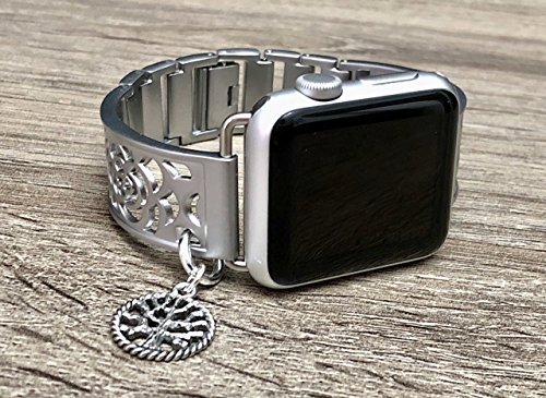 Silver Brushed Aluminum Metal Bracelet For Apple Watch 38mm All Series Handmade Flowers Design Jewelry Band for Apple Watch Vintage Tree Of Life Charm Adjustable Size Fashion Accessory Wristband - Thumbnail 4
