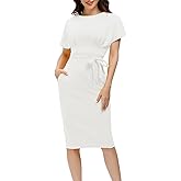 JASAMBAC Women's Bodycon Pencil Dress Office Wear to Work Dresses with Pocket Belt