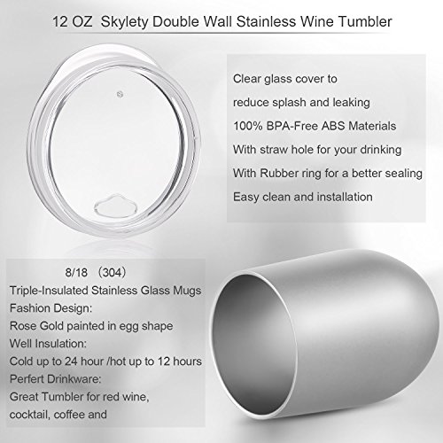 Skylety 12 oz Double-insulated Stemless Glass Wine Tumbler, Stainless Steel Tumbler Cup with Lids for Coffee, Drinks, Champagne, Cocktails (Silver) - Thumbnail 4