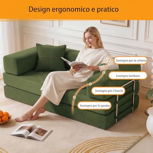 Divano letto a 2 posti, 160 cm, con schiuma e molle, per soggiorno, verde
