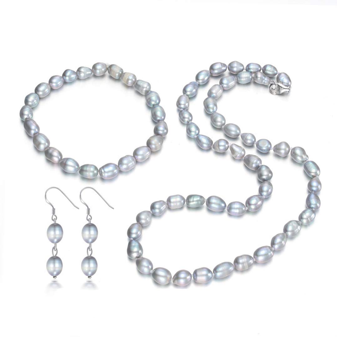 Treasure Bay FAB Elegant 7-8mm Rice Shape Freshwater Pearl Necklace Bracelet and Earring Jewellery Set for women and Girls (Grey)
