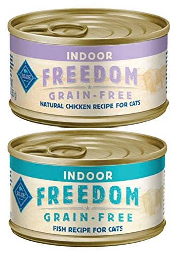 Blue Buffalo Freedom Grain Free Indoor Cat Food 2 Flavor Variety 6 Can Bundle: (3) Blue Buffalo Freedom Indoor Chicken, and (3) Blue Buffalo Freedom Indoor Fish, 3 Oz. Ea. (6 Cans Total)