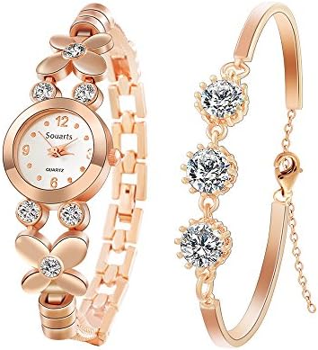 Souarts Womens Rhinestone Quartz Analog Wrist Watch Bracelet Jewelry Set Rose Gold Color Silver Color (Rose Gold Color)