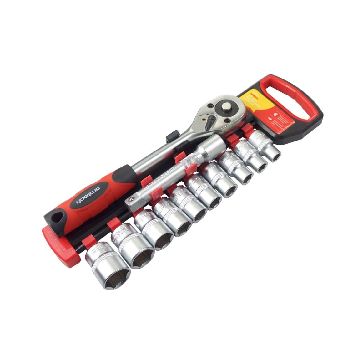 Amtech I0371 Socket Set, 12pc Chrome Vanadium Steel Metric Wrench Kit, 45 Tooth Ratchet Set with Quick Release
