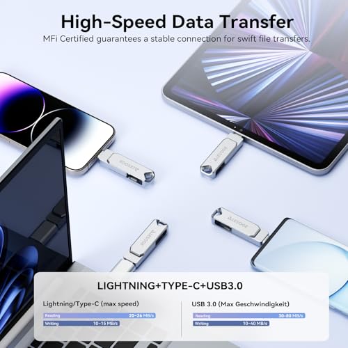 LESOGE MFi Certified 256GB USB C & Lightning Memory Stick - Dual Interface Flash Drive with USB C Adapter, iPhone External Storage, USB 3.0 High-Speed for Photos/Videos (iOS/Android/PC/Mac)
