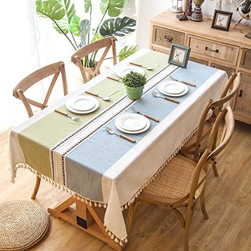 Crossoft Modern Stitching Tassel Tablecloths Linen Cotton Fabric Dust-Proof Table Cover for Kitchen Dinning Tabletop(Rectangle/Oblong, 55x86 Inch, Green)