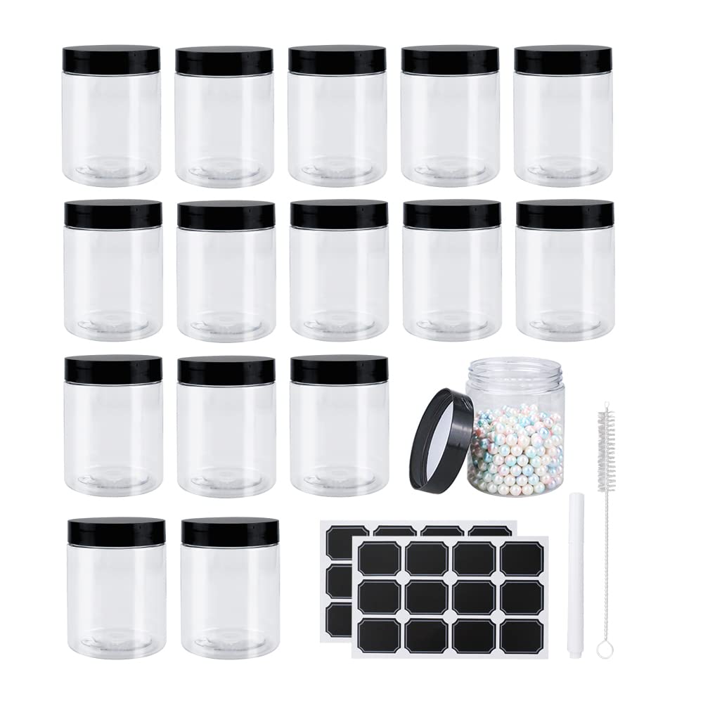 BiBiFly 250ml 16pcs Clear Plastic Round Jars with Black Lids, Leak-Proof Storage Jars Containers for DIY Crafts, Kitchen Use, Beauty Product and More