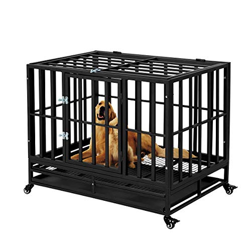Esright Heavy Duty Dog Crate Strong Metal Kennel, for Large Dogs, 4