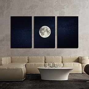 3 Piece Canvas Wall Art - Full Moon on Dark Starry Sky Background - Modern Home Art Stretched and Framed Ready to Hang - 16"x24"x3 Panels