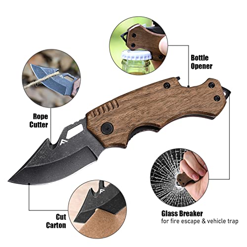 Flissa Mini Folding Pocket Knife, 2.5-Inch Stainless Steel Drop Point Blade, EDC Pocket Knives for Men with Bottle Opener and Glass Breaker (Wood)