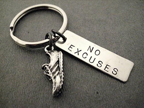 RUN with NO EXCUSES Key Chain / Bag Tag - Running Shoe Charm and Rectangle Nickel Silver Pendant - Stainless Steel Round Key Ring