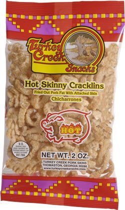 Turkey Creek - America's Best Fried Pork Products, offers a 4-Bag Combo Pack of its Skinny Pork Cracklins(2-Regular & 2-Hot). These Pork Cracklin Chips (Chicharrones) are a packed in full 2.0 oz bags.