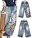 YESNO PW2 Women Casual Cropped Pants Loose Floral Jeans Ripped Fringed Embroidered Fringed Wide Leg
