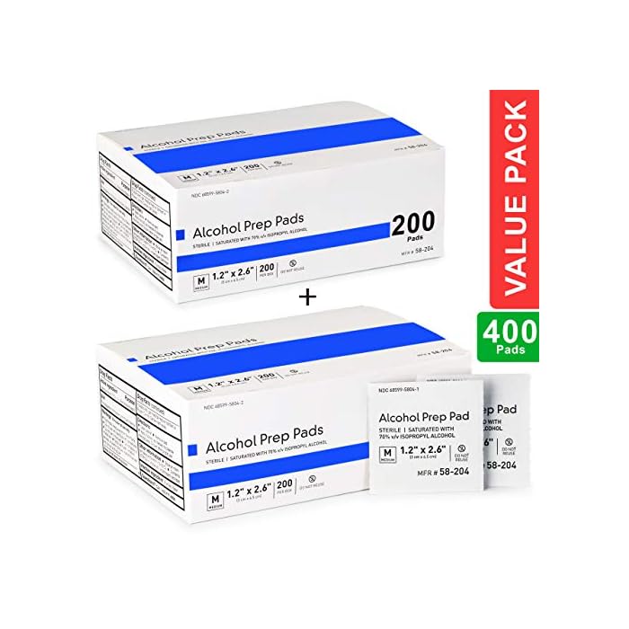 Alcohol Prep Pads, Medium 2-Ply - 400 Alcohol Wipes, Individually Wrapped Swabs, Saturated with 70% v/v Isopropyl Alcohol